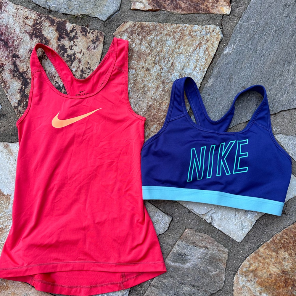 Reebok black leggings small, Nike pink/o shirt size XS and Nike blue bra size M